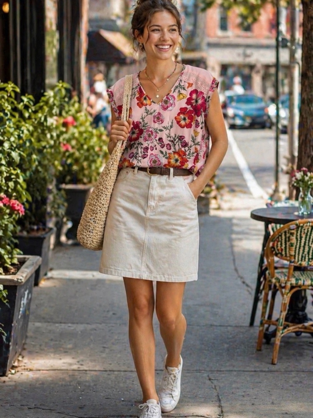 Express Pink Floral V-Neck Cap Sleeve Top
